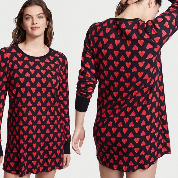 Victoria's Secret Women's Valentines Hearts Thermal Sleepshirt Black Red XL NWT - Picture 1 of 5